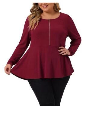 4XL Long Sleeve Peplum Top with Front Zip - Burgundy